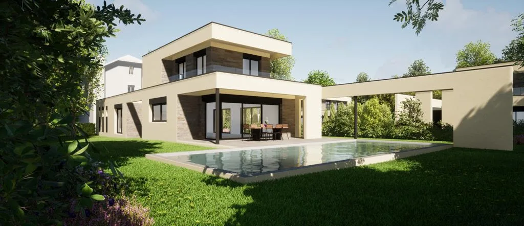 Porche cubierto junto a la piscina, en continuidad con el salón